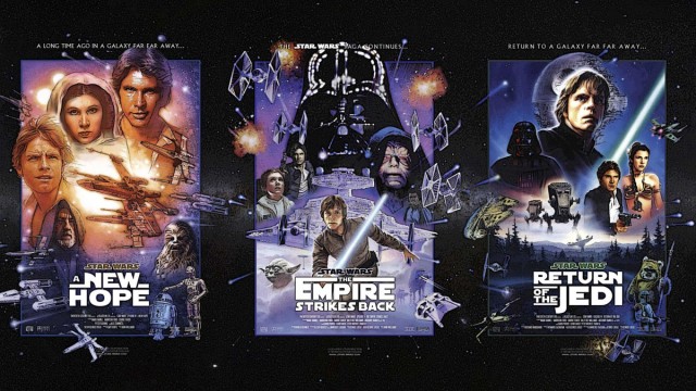 Image of the three original Star Wars films. A New Hope, The Empire Strikes Back, and Return of the Jedi. 