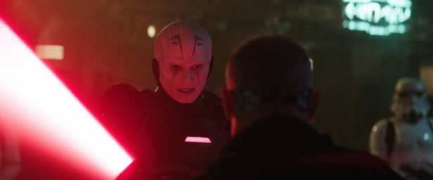 An Inquisitor is attacking a man with a lightsaber. 