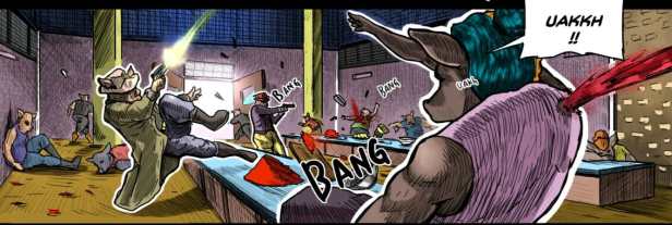 Image from the Planet Zabor comic. The image is of a pig shooting a gun at another pig. 