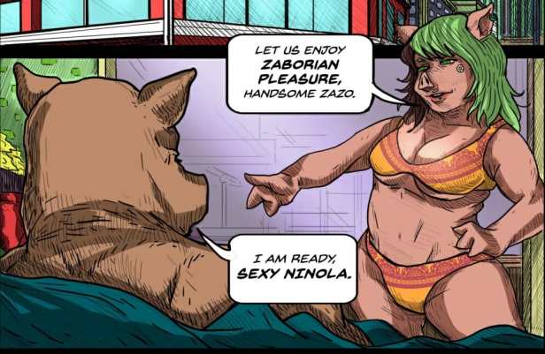 A female humanoid pig as asking for ‘zaborian pleasure’ from another pig. 